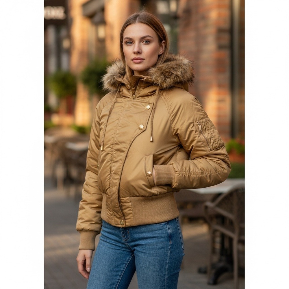Vintage Apple Bottoms Womens Tan Fur Hooded Bomber Jacket Embroidered Size M NEW